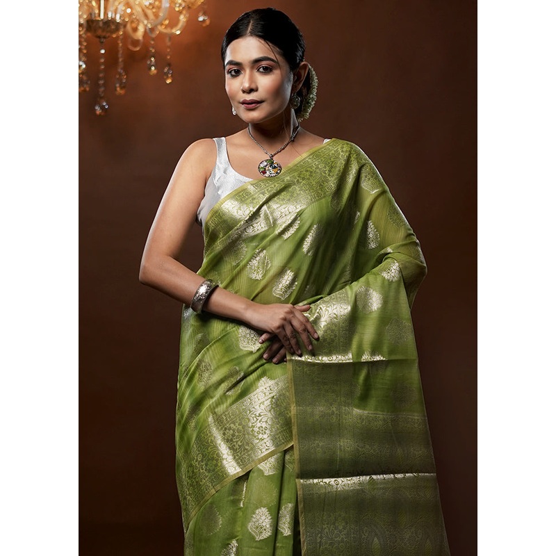 Green Kora Silk Saree With Blouse Piece - JD986579275