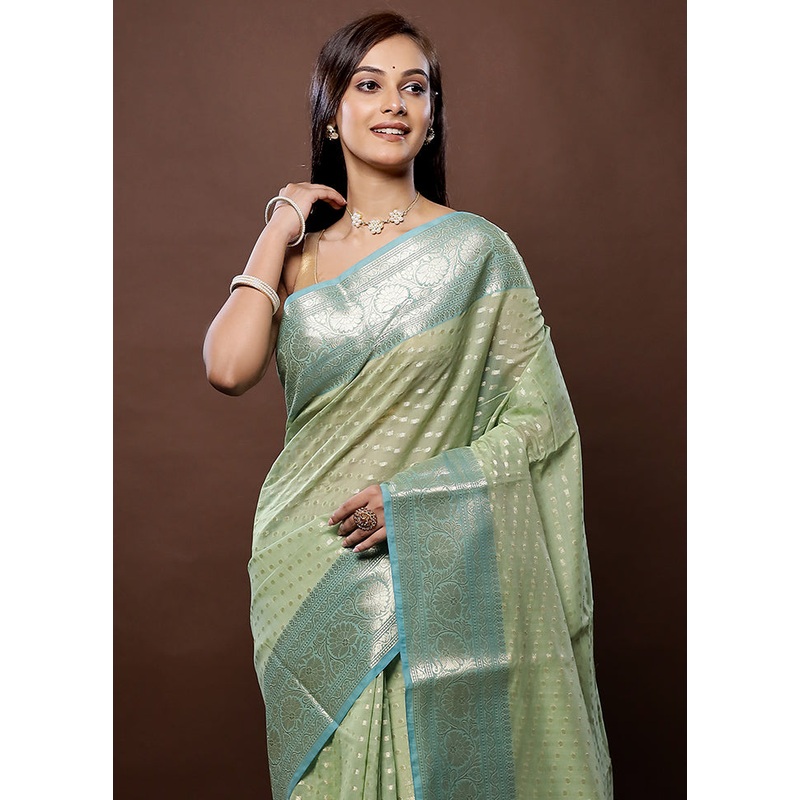 Green Kora Silk Saree With Blouse Piece - JD986579337