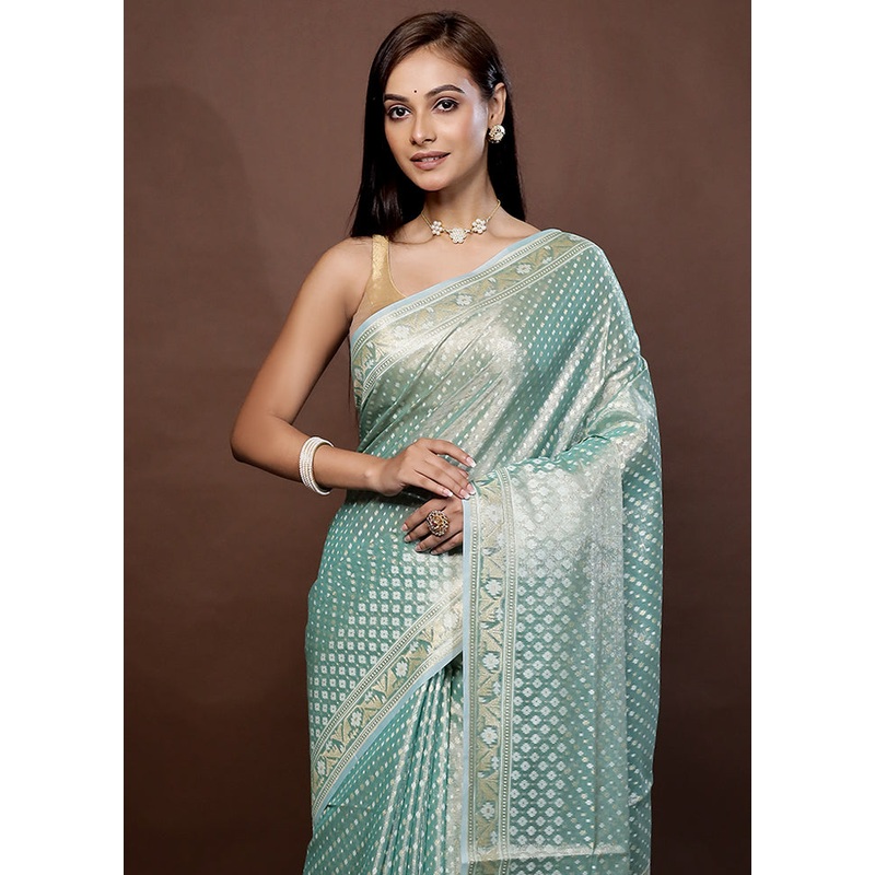 Green Kora Silk Saree With Blouse Piece - JD986579340