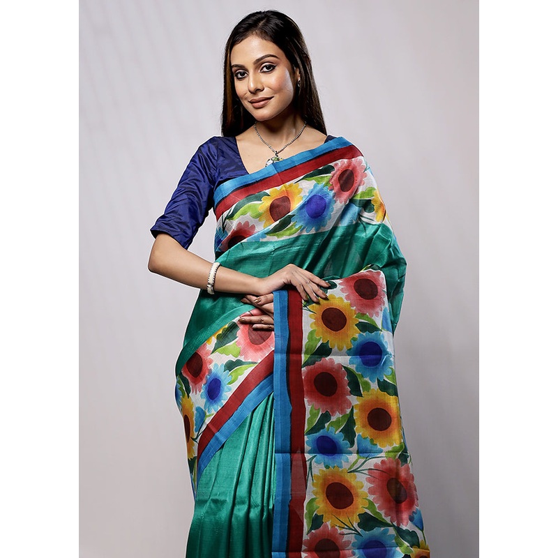 Green Printed Pure Silk Saree Without Blouse Piece - JD986579229