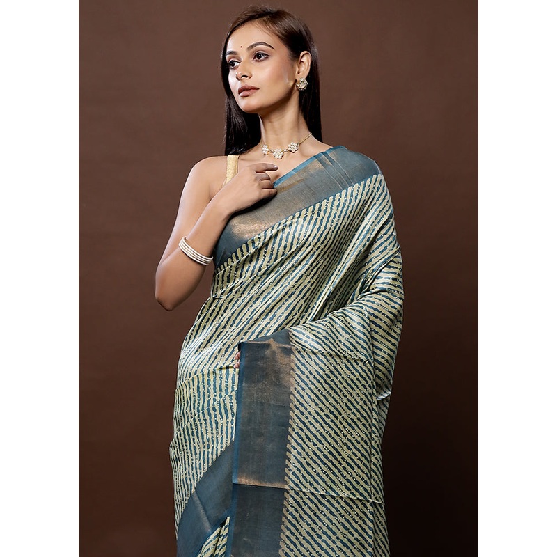 Green Tussar Silk Saree With Blouse Piece - JD986579333