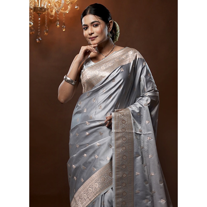 Grey Banarasi Silk Saree With Blouse Piece - JD986579272