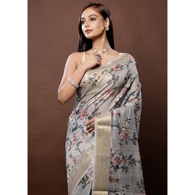 Grey Dupion Silk Saree With Blouse Piece - JD986579332