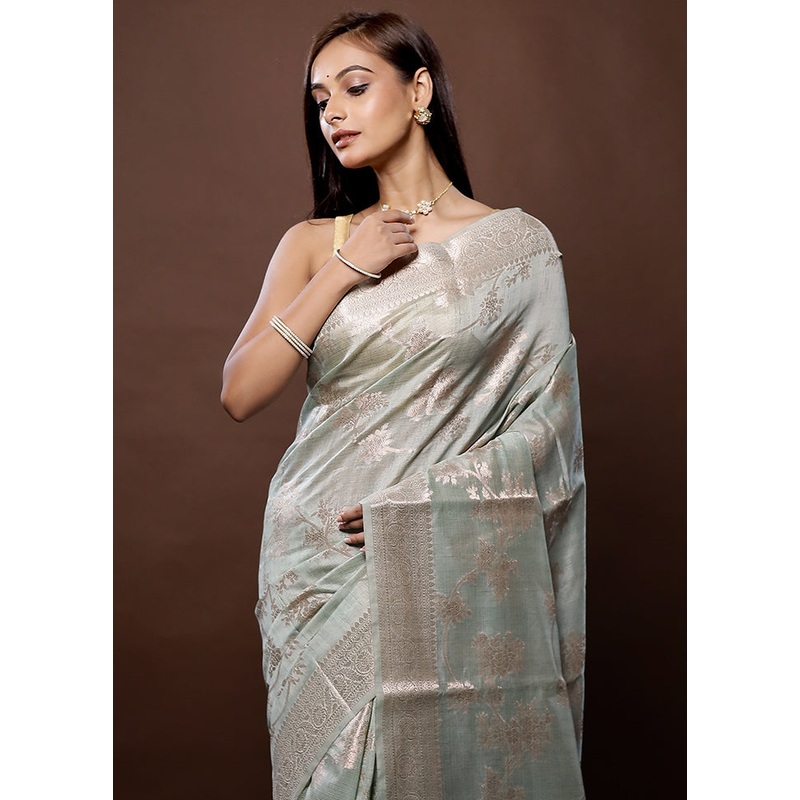 Grey Kora Silk Saree With Blouse Piece - JD986579338