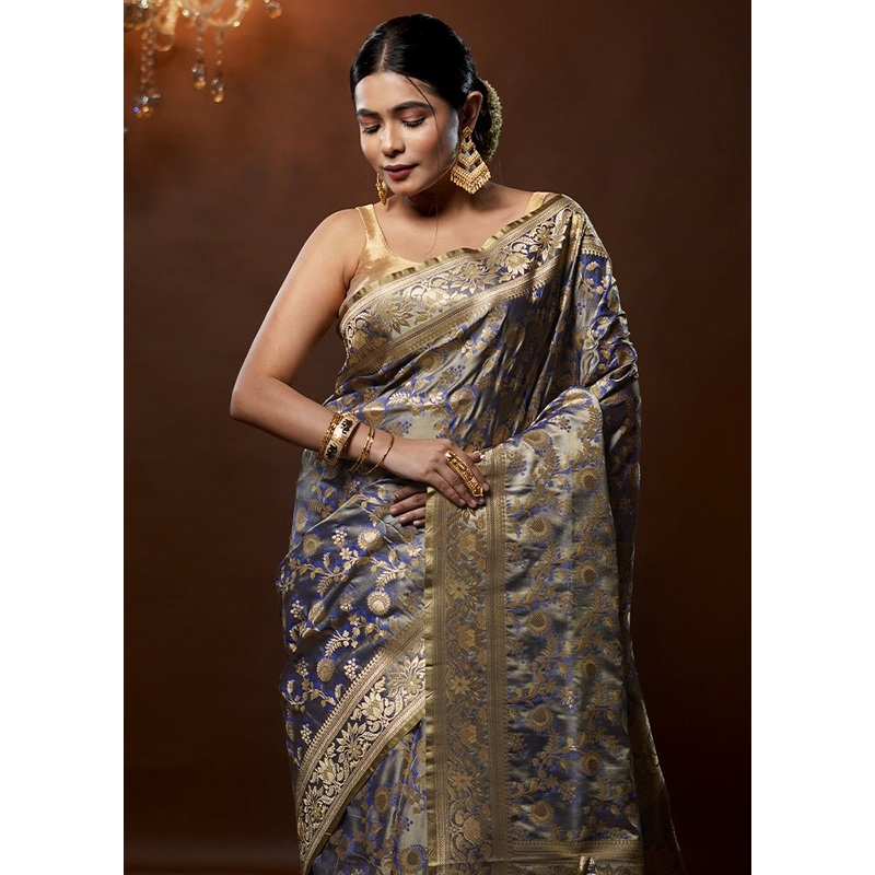Grey Tanchoi Silk Saree With Blouse Piece - JD986579270