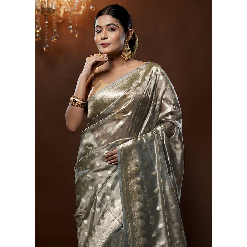 Grey Tissue Silk Saree With Blouse Piece - JD986579281