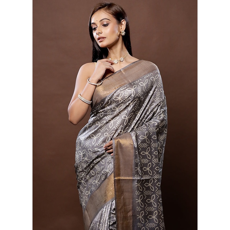Grey Tussar Silk Saree With Blouse Piece - JD986579327