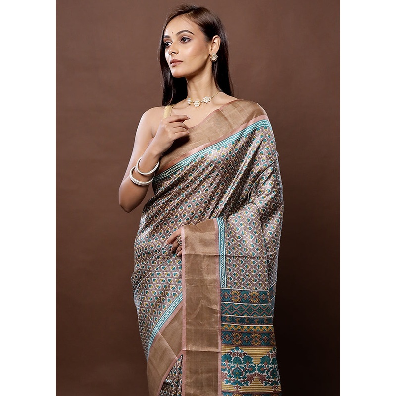 Grey Tussar Silk Saree With Blouse Piece - JD986579328