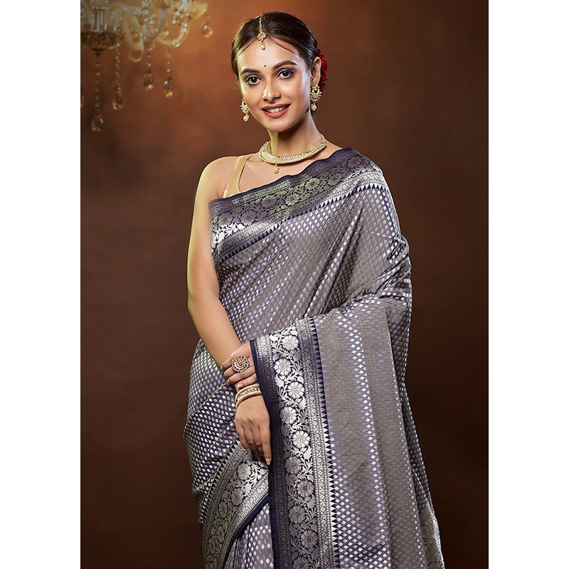 Grey Uppada Silk Saree With Blouse Piece - JD986579326