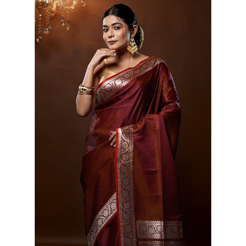 Maroon Banarasi Silk Saree With Blouse Piece - JD986579269