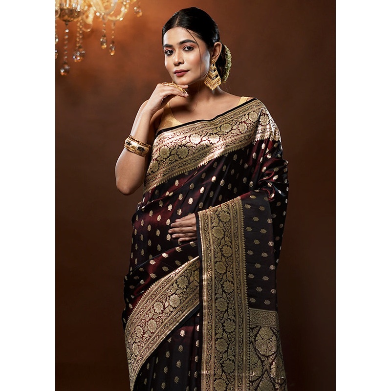 Maroon Handloom Banarasi Pure Silk Saree With Blouse Piece - JD986579268