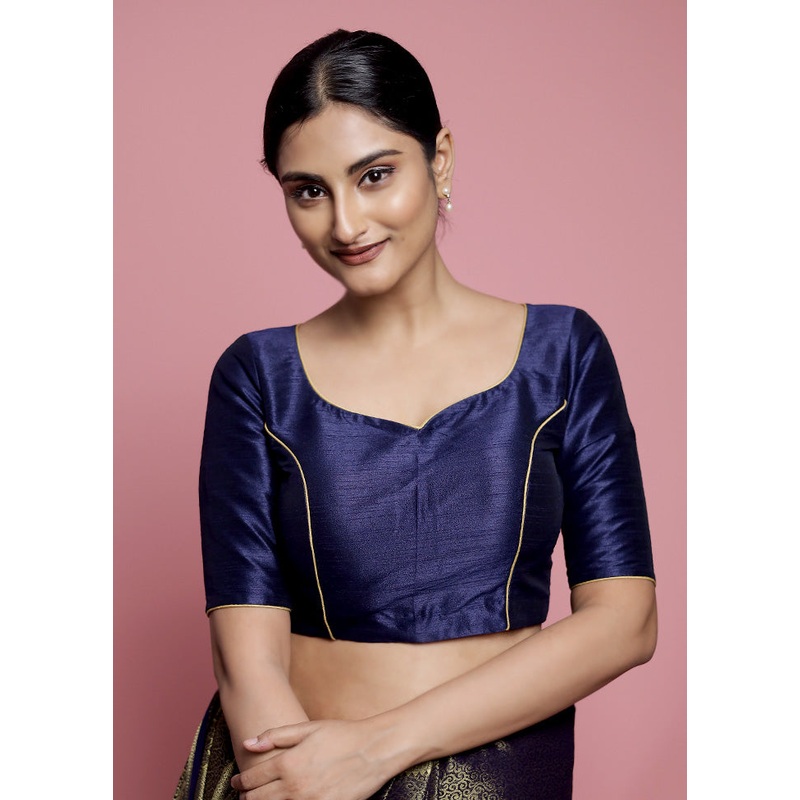 Navy Blue Dupion Silk Designer Blouse - JD986579197