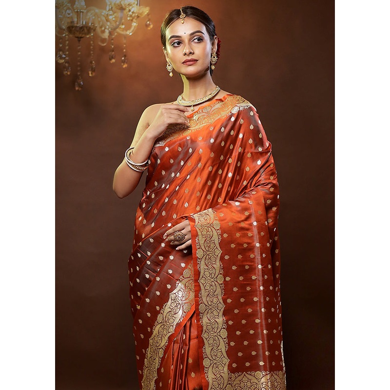 Orange Handloom Banarasi Pure Silk Saree With Blouse Piece - JD986579324