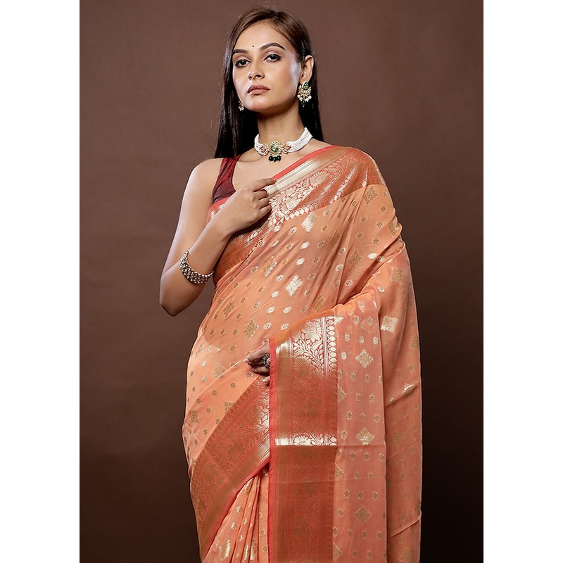 Orange Kora Silk Saree With Blouse Piece - JD986579323