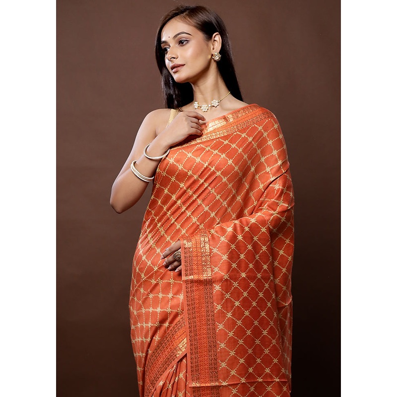 Orange Tussar Silk Saree With Blouse Piece - JD986579322