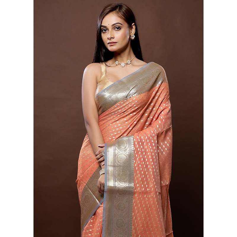 Peach Kora Silk Saree With Blouse Piece - JD986579321