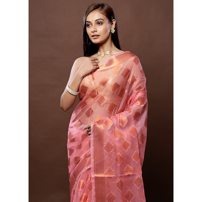 Peach Organza Saree With Blouse Piece - JD986579303