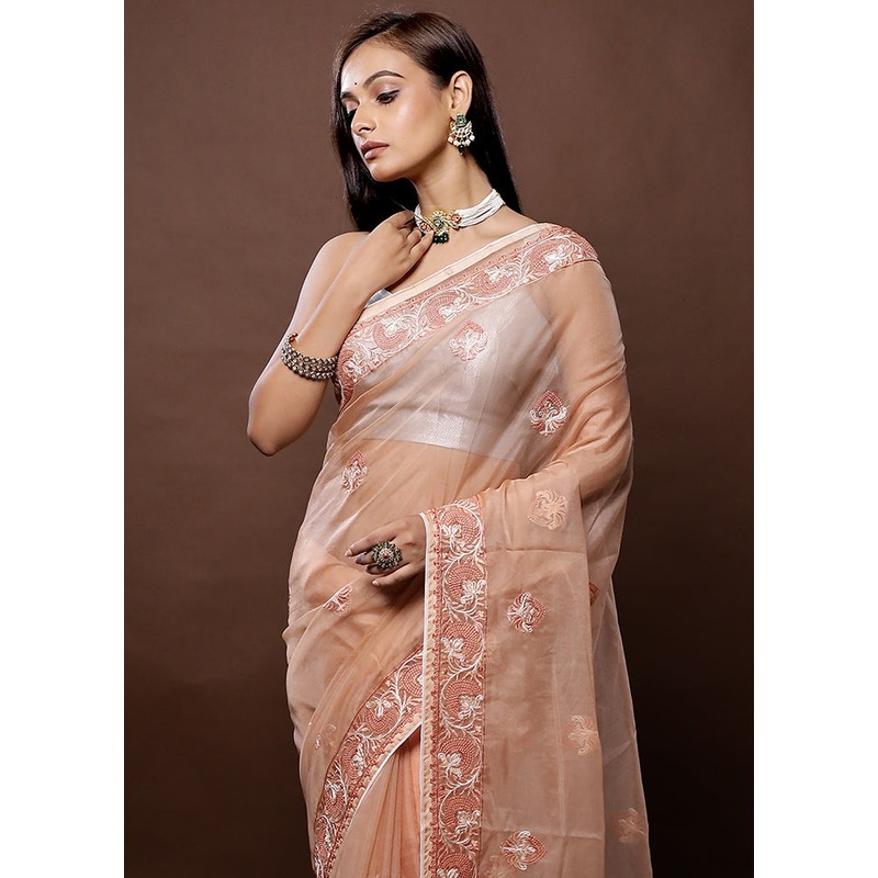 Peach Organza Saree With Blouse Piece - JD986579320