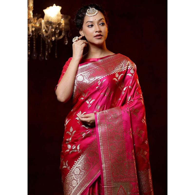 Pink Banarasi Silk Saree With Blouse Piece - JD986579141