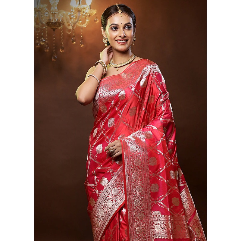Pink Banarasi Silk Saree With Blouse Piece - JD986579316