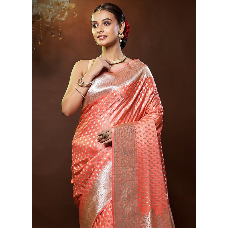 Pink Banarasi Silk Saree With Blouse Piece - JD986579317