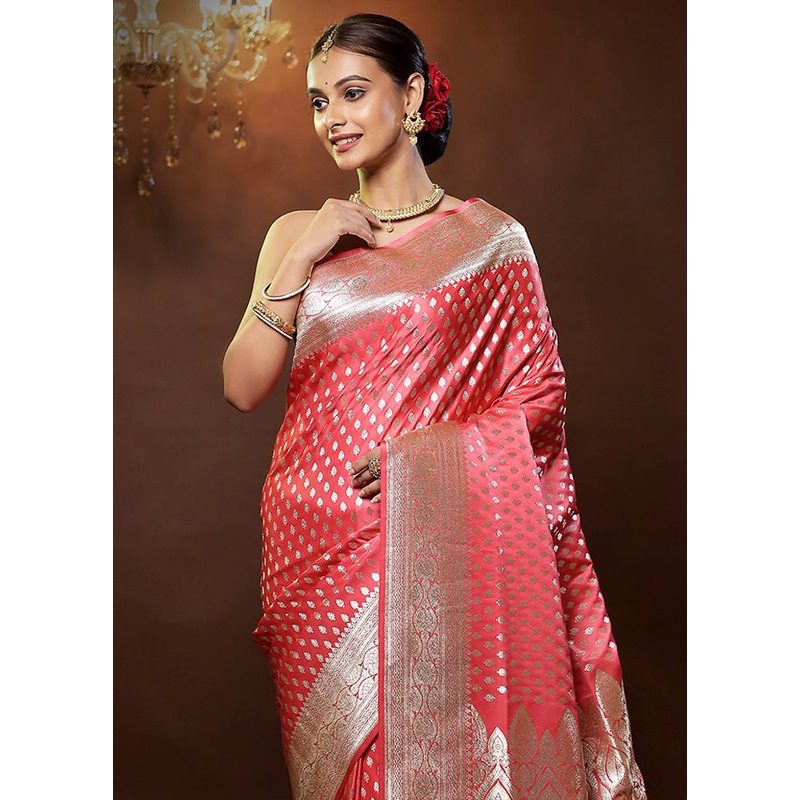 Pink Banarasi Silk Saree With Blouse Piece - JD986579319