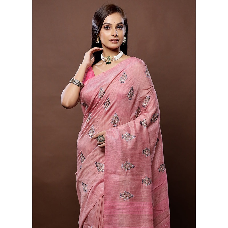 Pink Dupion Silk Saree With Blouse Piece - JD986579313