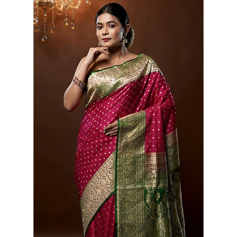 Pink Handloom Banarasi Pure Silk Saree With Blouse Piece - JD986579267