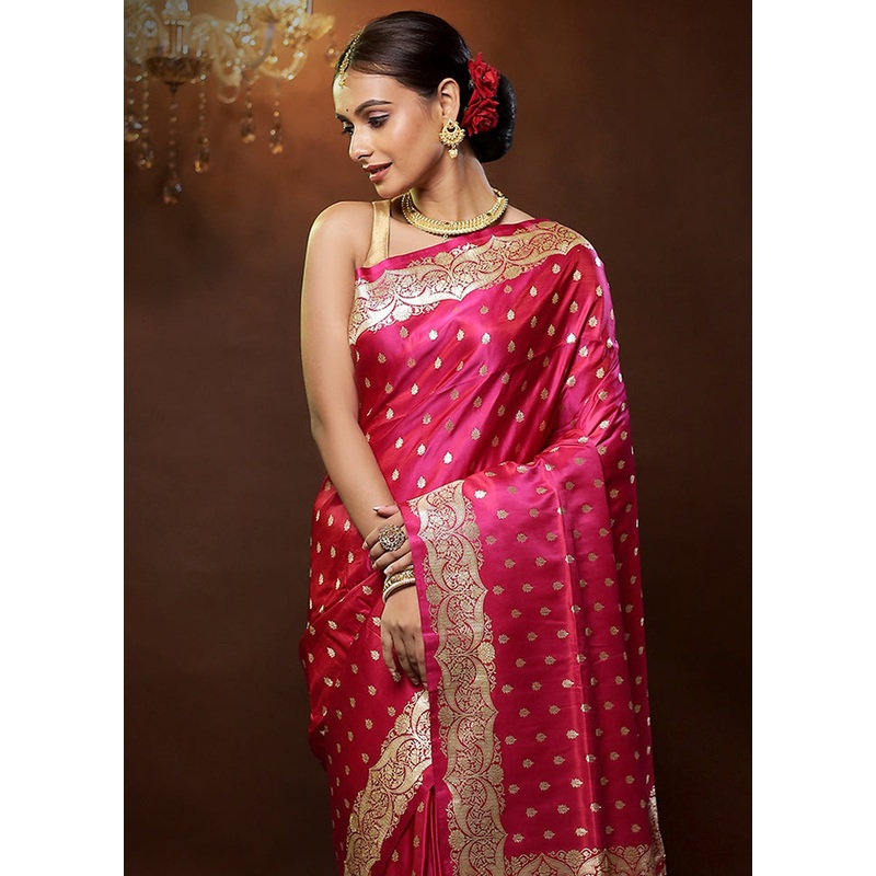 Pink Handloom Banarasi Pure Silk Saree With Blouse Piece - JD986579310