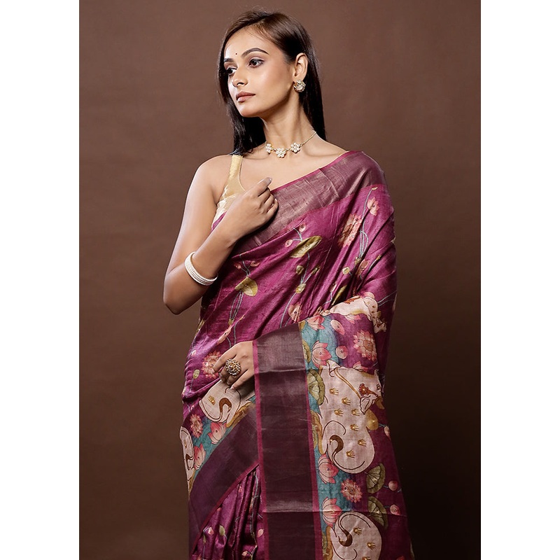 Pink Handloom Tussar Pure Silk Saree With Blouse Piece - JD986579307