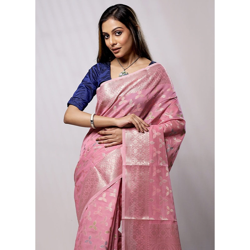 Pink Kora Silk Saree With Blouse Piece - JD986579217