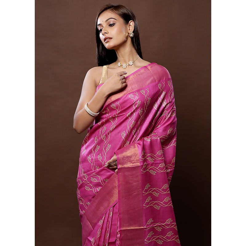 Pink Tussar Silk Saree With Blouse Piece - JD986579299