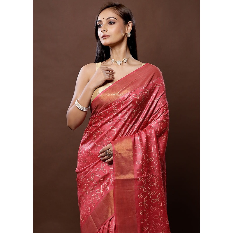 Pink Tussar Silk Saree With Blouse Piece - JD986579300