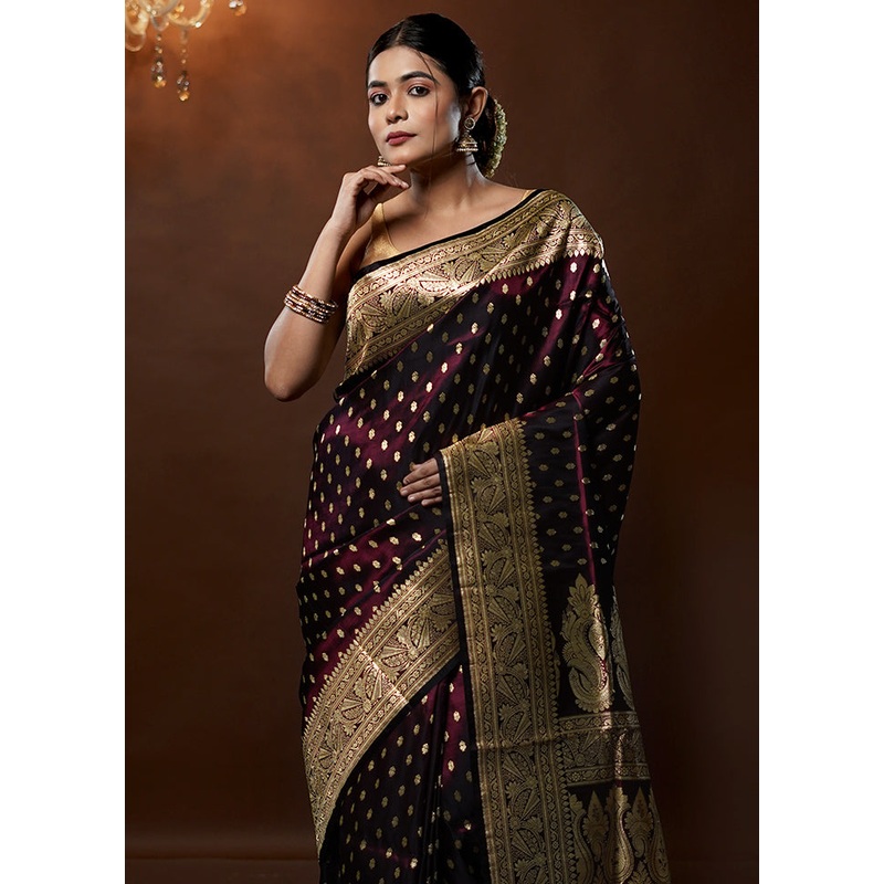Purple Handloom Banarasi Pure Silk Saree With Blouse Piece - JD986579263