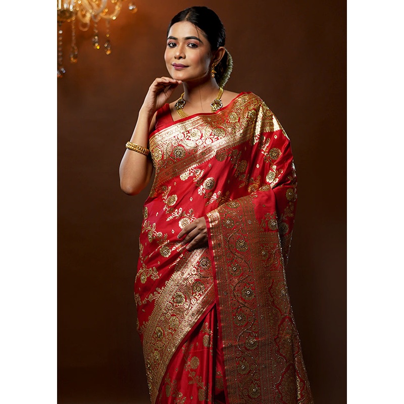Red Banarasi Silk Saree With Blouse Piece - JD986579260