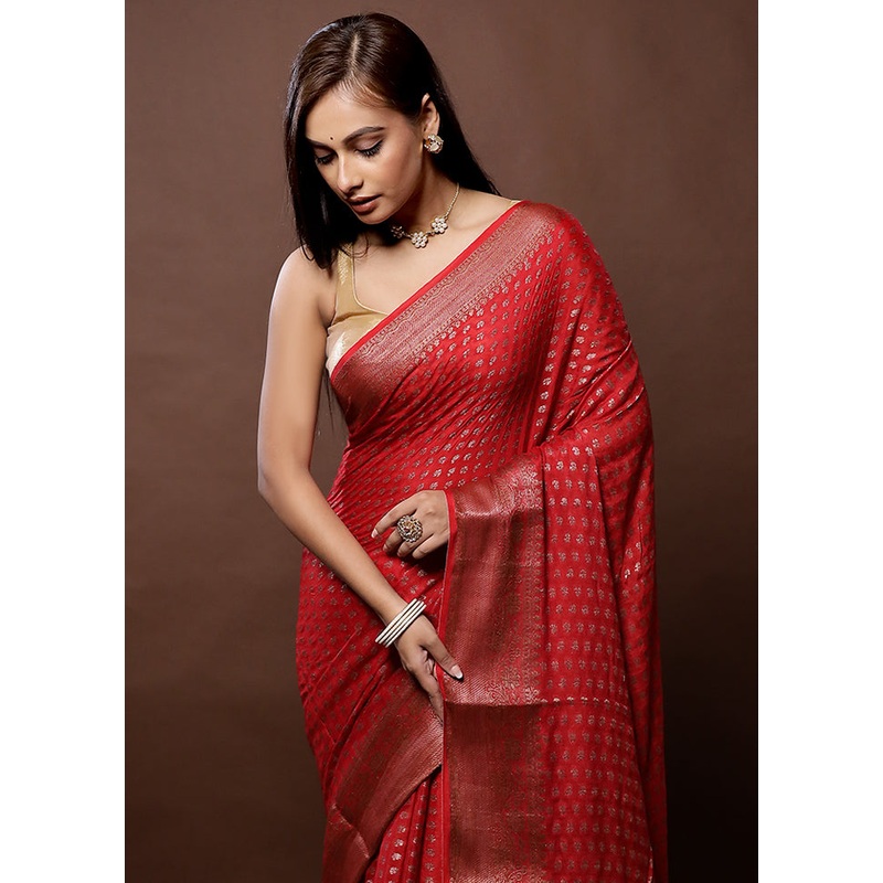Red Georgette Saree With Blouse Piece - JD986579295