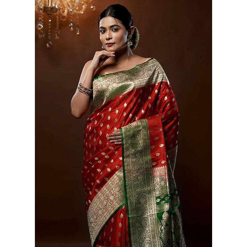 Red Handloom Banarasi Pure Silk Saree With Blouse Piece - JD986579253