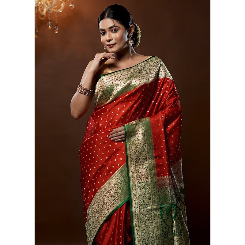 Red Handloom Banarasi Pure Silk Saree With Blouse Piece - JD986579254