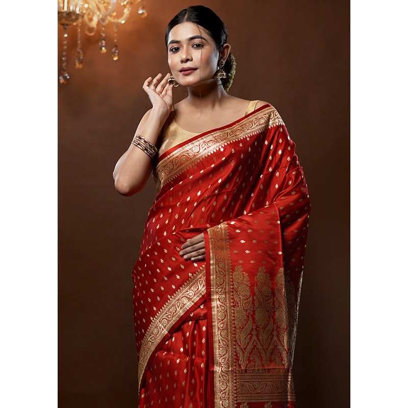 Red Handloom Banarasi Pure Silk Saree With Blouse Piece - JD986579255