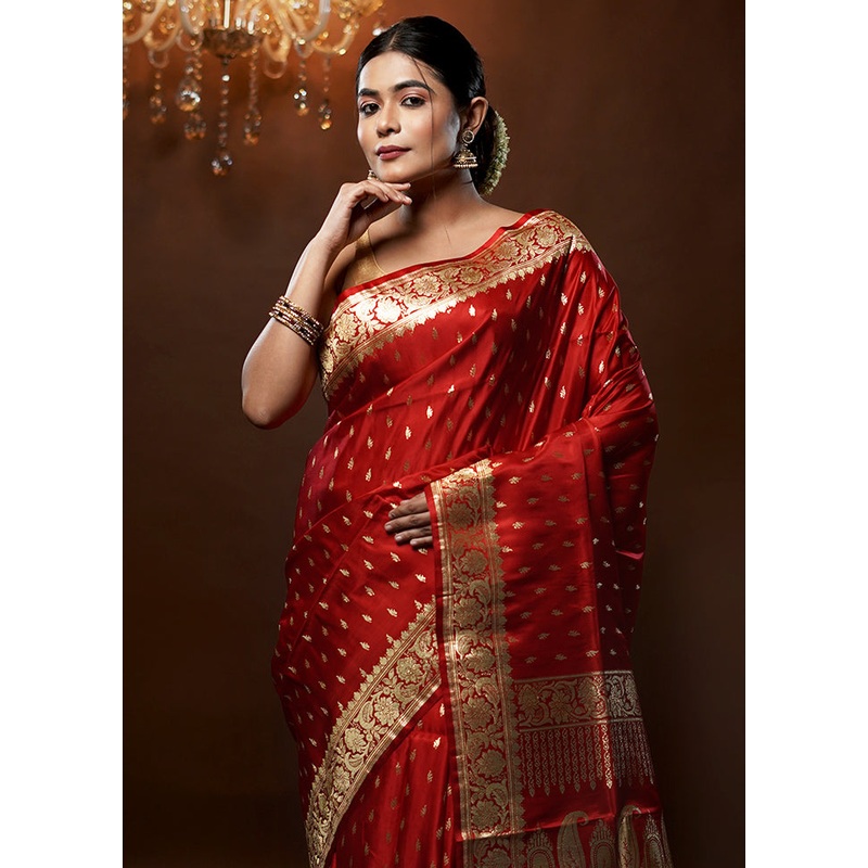 Red Handloom Banarasi Pure Silk Saree With Blouse Piece - JD986579256