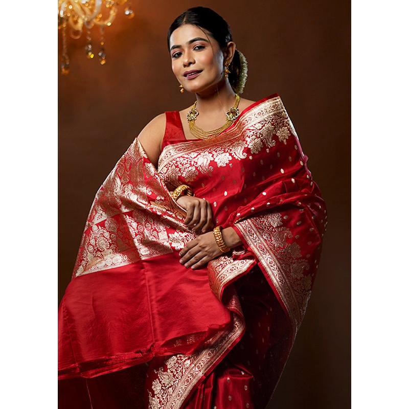 Red Handloom Banarasi Pure Silk Saree With Blouse Piece - JD986579257