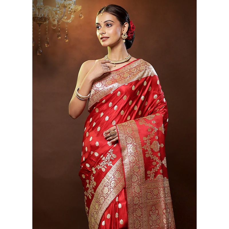 Red Handloom Banarasi Pure Silk Saree With Blouse Piece - JD986579294