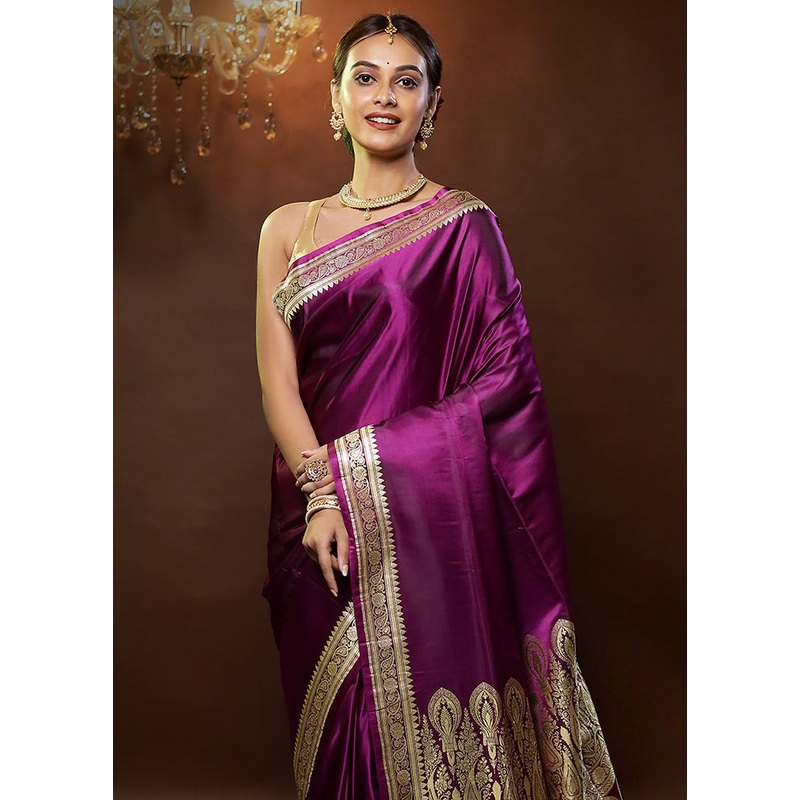 Violet Handloom Banarasi Pure Silk Saree With Blouse Piece - JD986579309