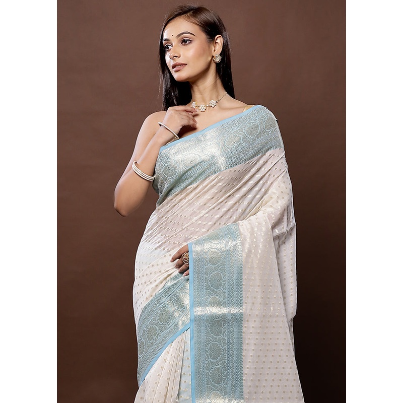 White Kora Silk Saree With Blouse Piece - JD986579293