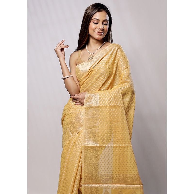 Yellow Cotton Saree With Blouse Piece - JD986579210