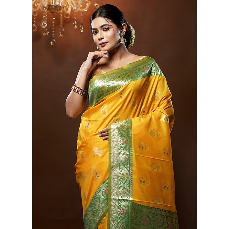 Yellow Dupion Silk Saree With Blouse Piece - JD986579251