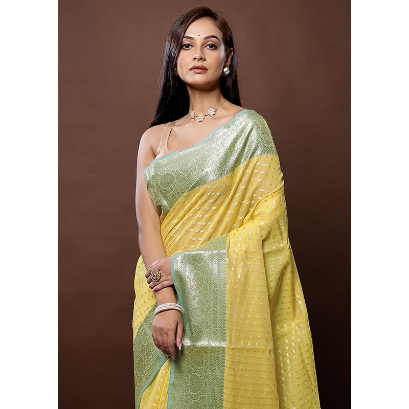 Yellow Kora Silk Saree With Blouse Piece - JD986579291