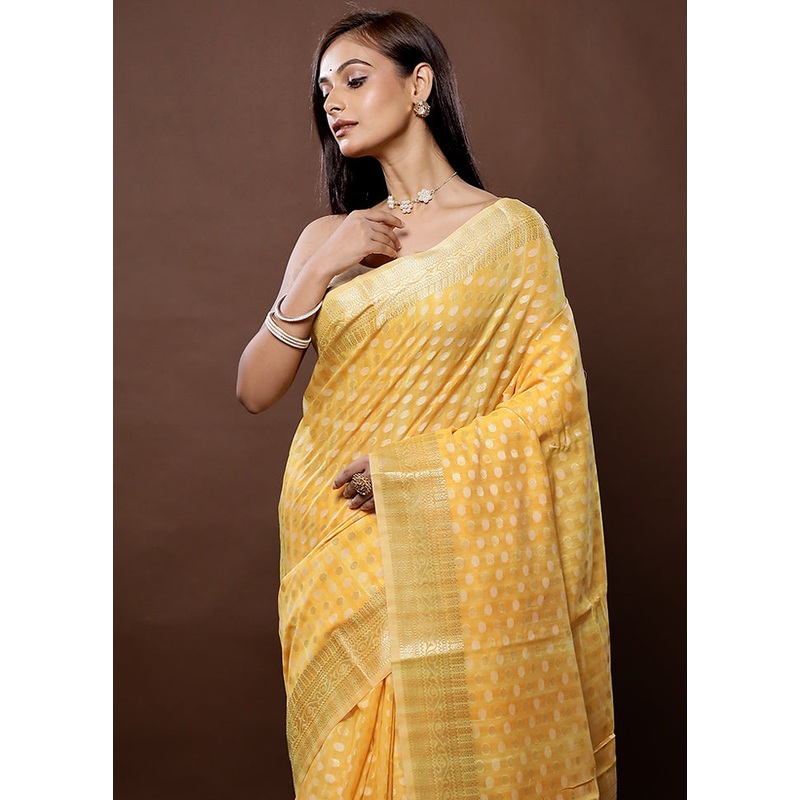 Yellow Organza Saree With Blouse Piece - JD986579290