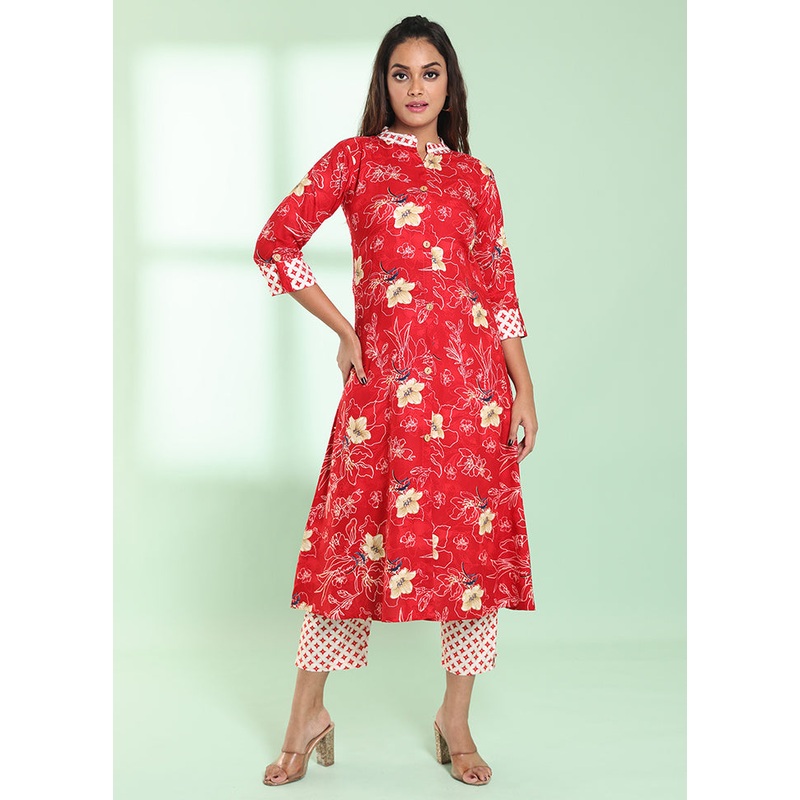 2 Pc Red Readymade Rayon Kurti Set - JD986578987