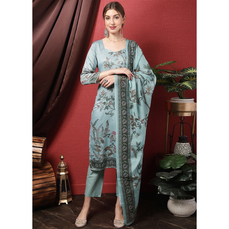 3 Pc Blue Unstitched Cotton Suit Set - JD986579112